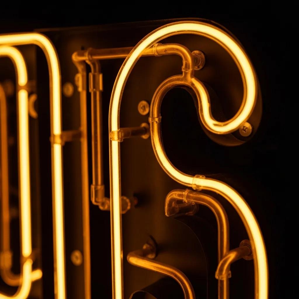Close-up showing exposed neon tubes in open face channel letters, highlighting craftsmanship and warm illumination