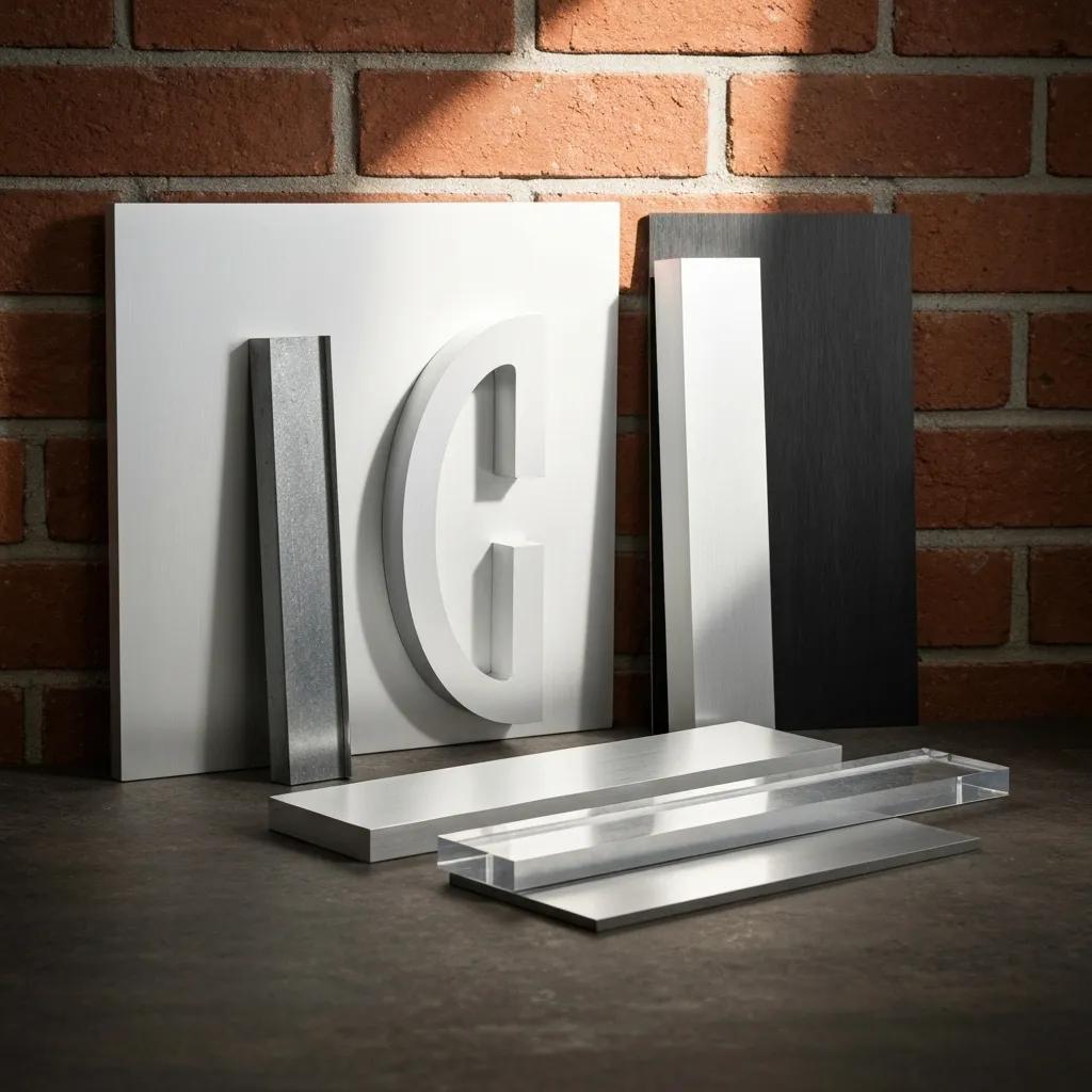 Materials for vintage open face channel letters, showing aluminum, acrylic accents, and quality finishes