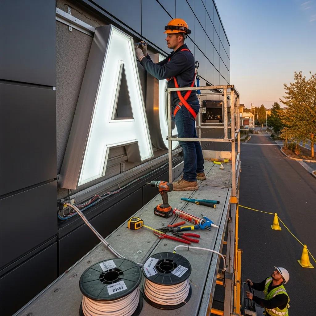 Technician installing energy‑efficient LED channel letters on a building facade