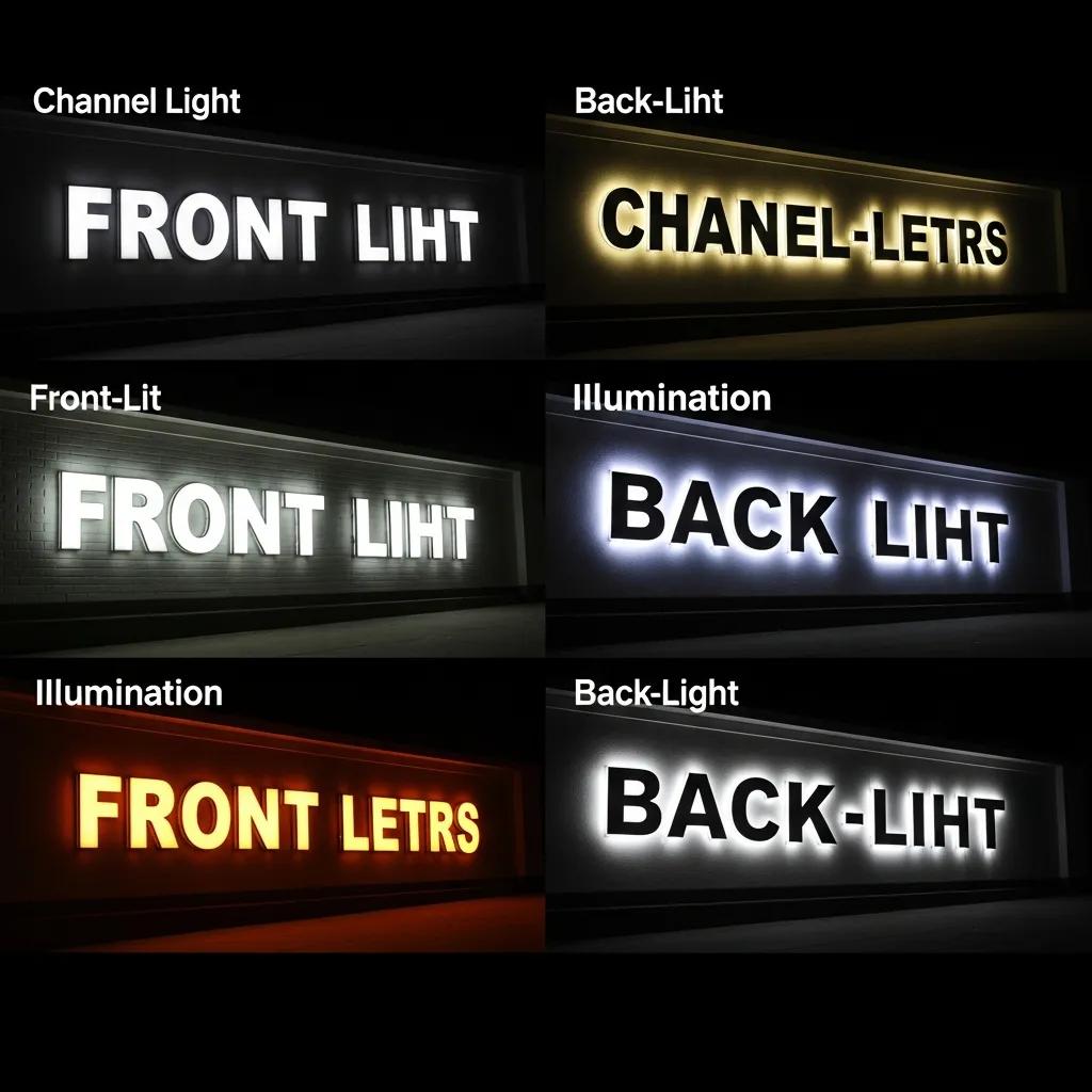 Side-by-side comparison of front-lit and back-lit channel letters highlighting illumination differences