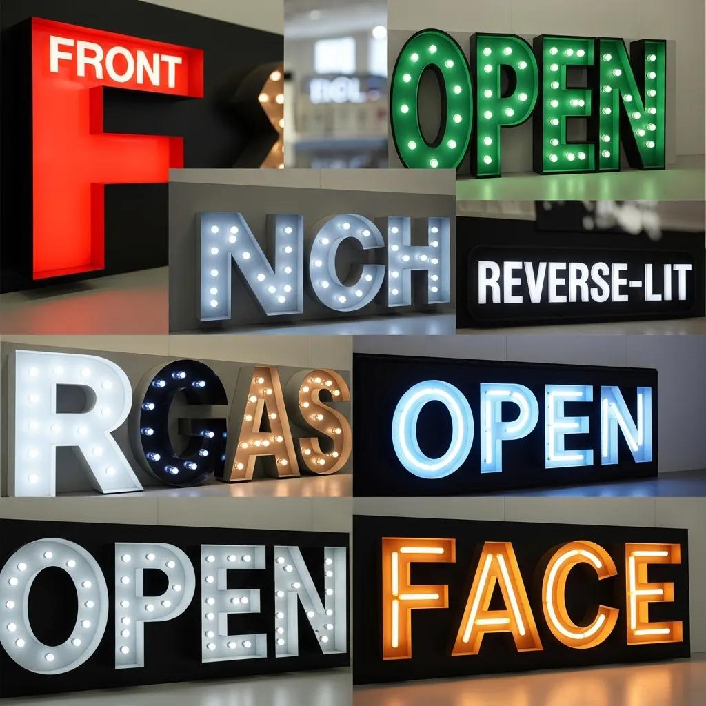 Illuminated wholesale channel letters in various styles and colors displayed in a retail setting