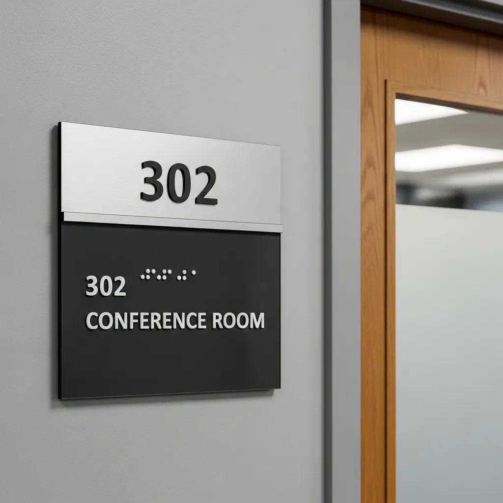ADA-compliant door sign with raised characters and braille mounted at correct height