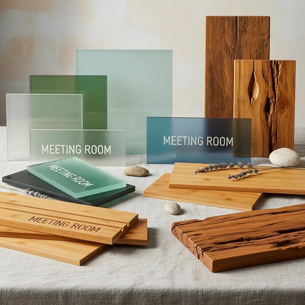 Samples of eco-friendly sign materials like recycled acrylic, bamboo, and reclaimed wood